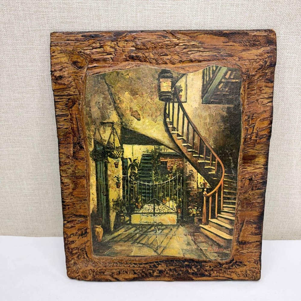 Vintage 1977 New Orleans French Quarter Wood Plaque Art Courtyard Staircase 13"